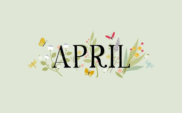 四月，有蜻蜓、蝴蝶和花朵 — 图库矢量图片