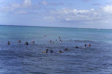 Honolulu, Hawaii - 6 Kasım 2021-Gençler bir sonraki sörf dalgası için sörf tahtalarını bekliyor