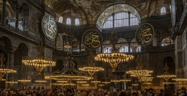 Istanbul, Turkey - April 29, 2022 - Tourists and Pilgrims in the Hagia Sophia Mosque. High quality photo