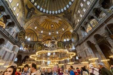 Istanbul, Turkey - April 29, 2022 - Tourists and Pilgrims in the Hagia Sophia Mosque. High quality photo
