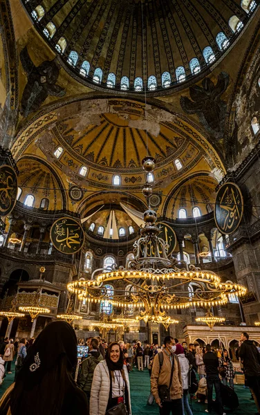 Istanbul, Turkey - April 29, 2022 - Tourists and Pilgrims in the Hagia Sophia Mosque. High quality photo