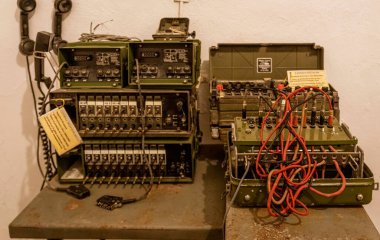 Tirana, Albania, May 12, 2022 - communication equipment in a WWII bunker BunkArt
