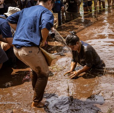 Central Kalamantan, Indonesia, May 20, 2022 - Woman competes in trying to catch a fish with her bare hands.