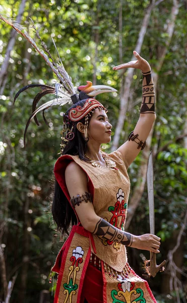 Central Kalamantan Indonesia May 2022 Woman Poses Traditional Indiginous Garb —  Fotos de Stock