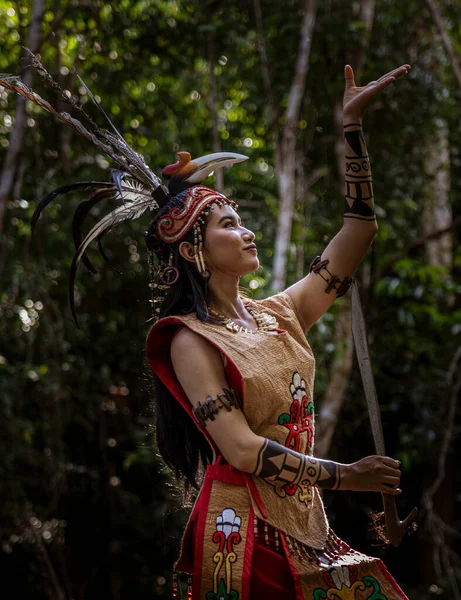 Central Kalamantan Indonesia May 2022 Woman Poses Traditional Indiginous Garb —  Fotos de Stock