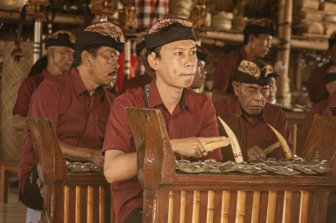 Men play a gamelan music by beating hammers on tuned plates.