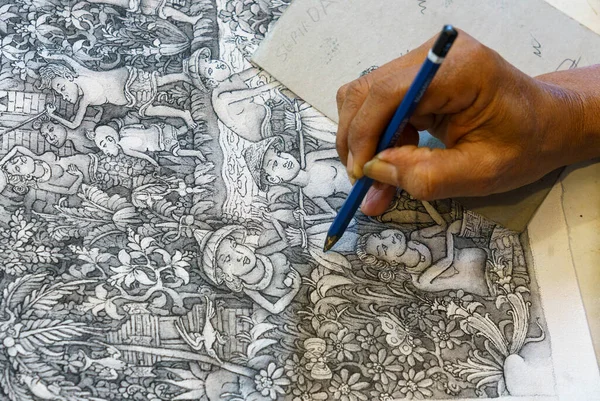 Man Puts Final Touches Elaborate Pencil Sketch Indonesian Life — Fotografia de Stock