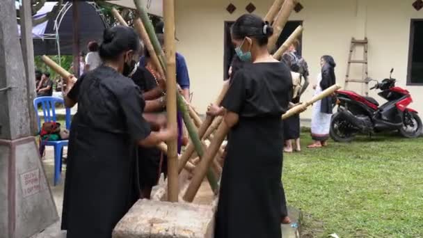 印度尼西亚 托拉查 07042022 丧葬妇女在一个空的圆木中创作音乐 敲打稻谷 — 图库视频影像