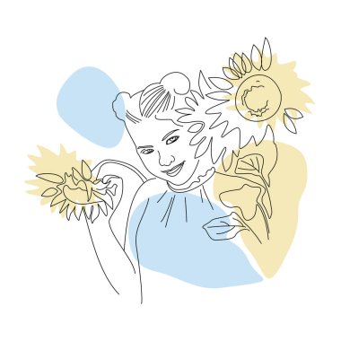 Sanat tarzında ayçiçekleri olan tatlı bir kız. Beyaz arkaplanda izole