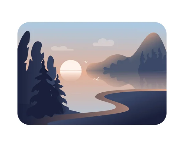 Рано Утром Мультфильм Иллюстрация Утреннего Вечернего Пейзажа Озером Природа Тишина — стоковый вектор