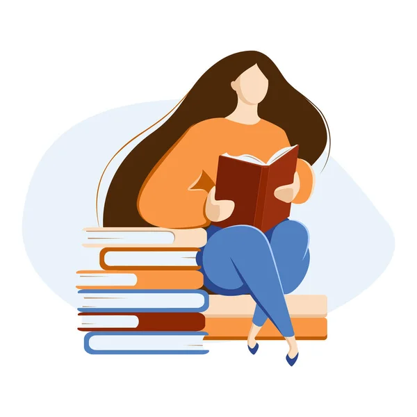 Fille Est Assise Lit Livre — Image vectorielle