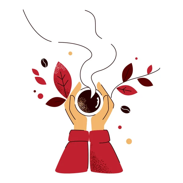 Vector illustration of hands holding a cup of hot coffee isolated on background. Coffee break, morning time, flat cartoon style. Winter and autumn cozy concept for greeting cards, invitations, posters