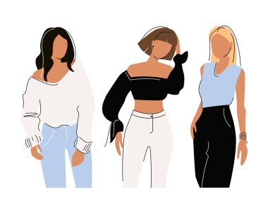 Set of fashionable girls on a white background. Flat style. Fashion and style, clothes and accessories. Vector illustration for postcard, avatar icon or poster 