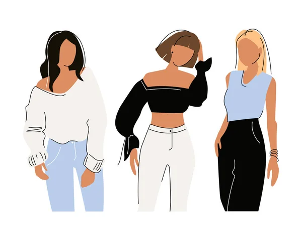 Set of fashionable girls on a white background. Flat style. Fashion and style, clothes and accessories. Vector illustration for postcard, avatar icon or poster 
