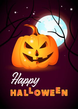 Happy Halloween, pumpkin, full moon, tree branches. Design for banner, poster, party invitation or greeting card