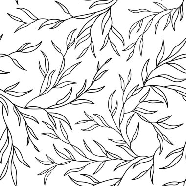 Elegant seamless vector pattern in line art style with branches and leaves for invitations, cards, print, gift wrapping, manufacturing, textile, fabric, wallpaper