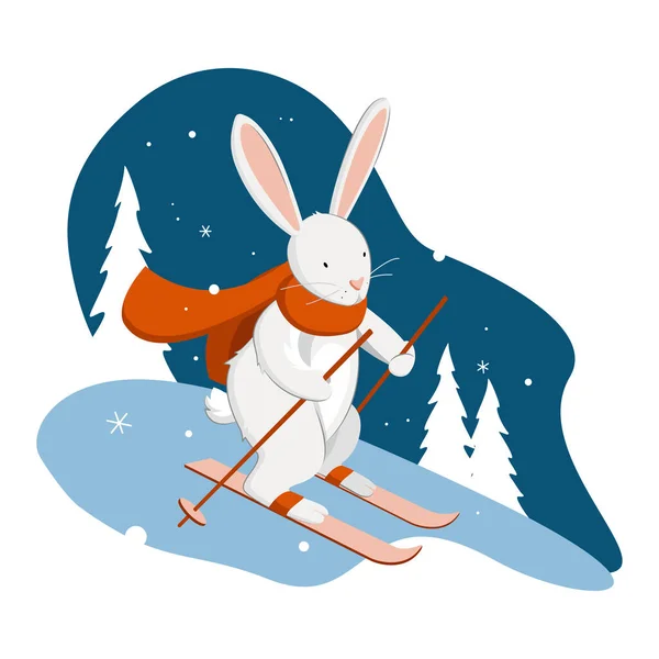 一个戴围巾的可爱小兔子在滑雪 — 图库矢量图片