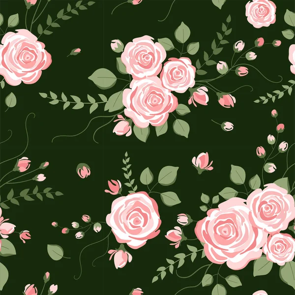 Rosas Vintage Fundo Verde Escuro Sem Costura Padrão Padrão Floral — Vetor de Stock