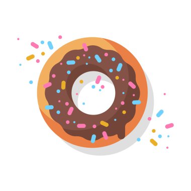  Çikolata jöleli ve renkli şekerli çörek. Donut Düz Tasarım. Tatlı. Beyaz arkaplanda ikon izole edildi. Basit modern tasarım