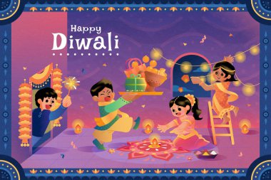 Mutlu Diwali tebrik kartı tasarımları. Hintli çocuklar evlerini ışık ve rangoli ile dekore ediyor ve festival için hediyeler ve yemekler hazırlıyorlar..