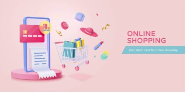 3D e-ticaret afişi ya da iniş sayfası şablonu. Podyumda telefon ve alışveriş malzemeleri uçuşuyor. Çevrimiçi alışveriş için kredi kartı ödülü kavramı.