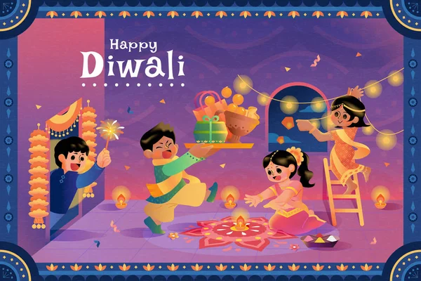 Happy Diwali Wenskaart Ontwerp Indiase Kinderen Versieren Hun Huis Met — Stockvector