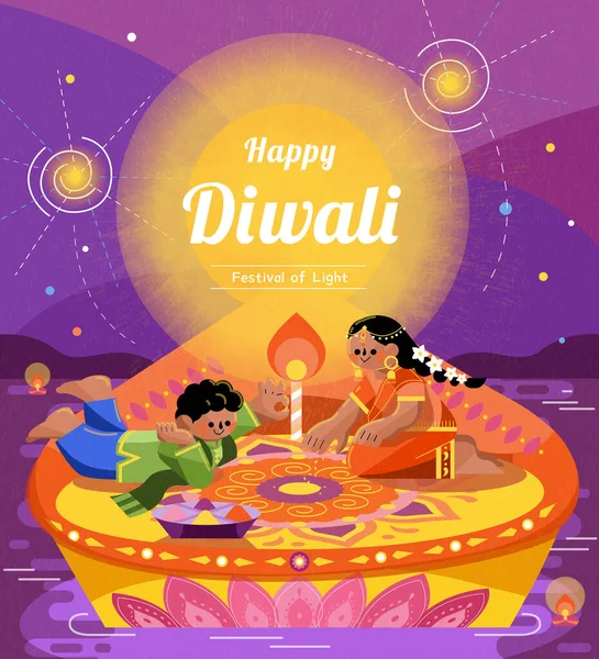 Gelukkige Diwali Wenskaart Illustratie Van Indiase Kinderen Tekenen Rangoli Grote — Stockvector