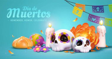 Dia de Muertos sunak konsepti. Şeker kafatasları, beyaz mumlar, kadife çiçekleri, papel picado ve ölülerin ekmeği. 3d illüstrasyon