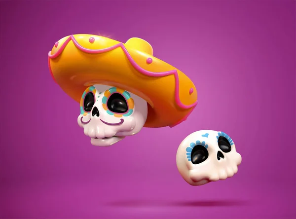 Crânios Açúcar Decorados Com Padrões Coloridos Com Chapéu Sombrebo Mexicano — Vetor de Stock