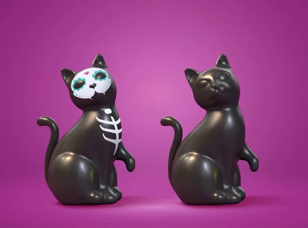 Чорна Кішка Встановлена Фіолетовому Тлі Один Кіт Масками Черепа Інший — стоковий вектор