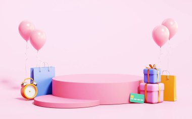 3D ürün, çalar saat, kredi kartı, hediye kutuları ve açık pembe arka planda alışveriş torbalarıyla podyumda sergileniyor. Satılık tanıtım etkinliği için uygun.