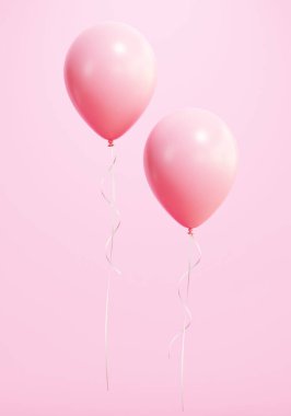 Pembe arka planda iki pembe parti balonu. 3D görüntüleme. Düğün, doğum günü ve diğer tatil etkinlikleri için uygun..