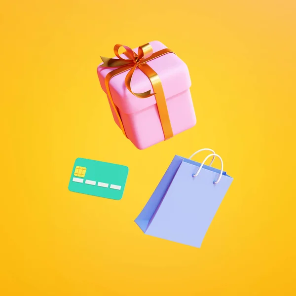 Online Shopping Theme Collection Including Gift Box Shopping Bag Credit — Stock Photo, Image