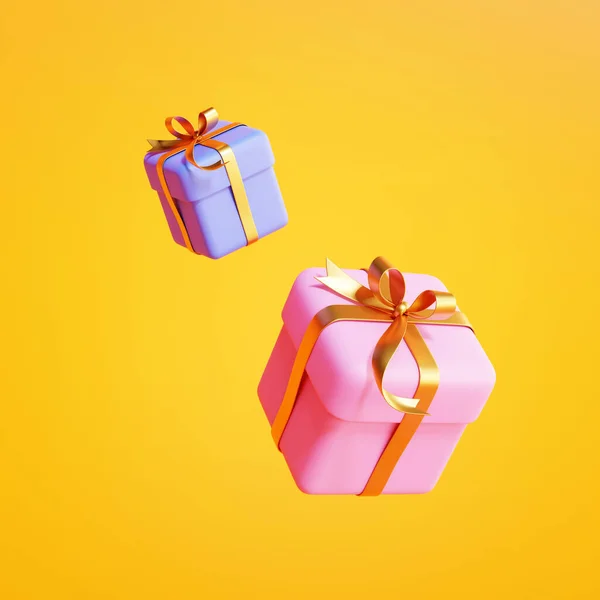 Kleurrijke Geschenkdozen Verpakt Met Gouden Linten Elementen Geïsoleerd Oranje Achtergrond — Stockfoto