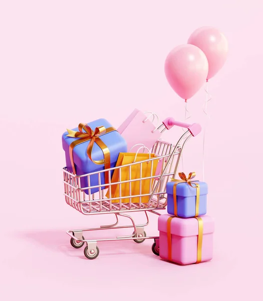 Miniatuur Winkelwagen Met Roze Ballonnen Geschenkdozen Boodschappentassen Lichtroze Achtergrond Rendering — Stockfoto