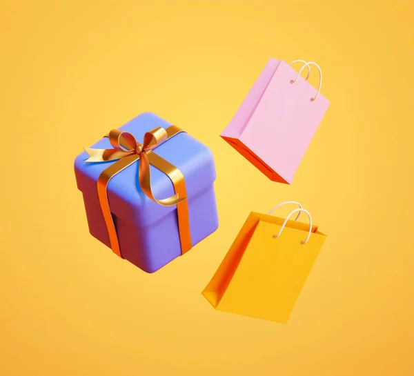 Kotak Hadiah Melayang Dan Tas Belanja Terisolasi Latar Belakang Oranye - Stok Vektor