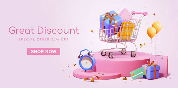 3-й баннер распродажи покупок. Полная корзина для покупок на подиуме с таймером обратного отсчета и кредитной картой. Концепция большой скидки, подходит для черной пятницы и юбилея.