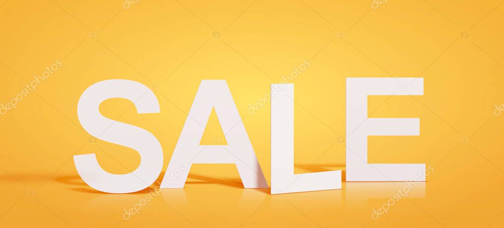 Sale word paper cutout isolated on orange background, 3d rendering