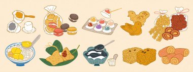 Tayvan usulü eski tatlı çizimleri. Sıcak karalama tarzı.