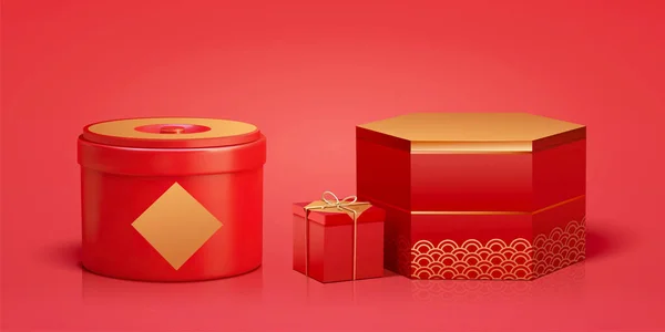 Envuelto Chino Rojo Cajas Regalo Aisladas Sobre Fondo Rojo — Archivo Imágenes Vectoriales