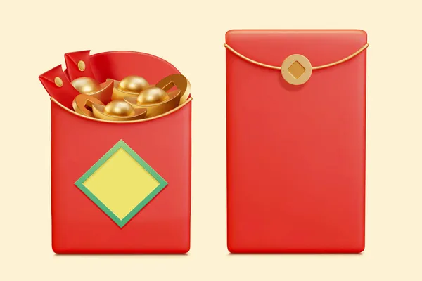 Envelopes Vermelhos Preenchidos Com Lingotes Ouro Moedas Elementos Cny Isolados — Vetor de Stock