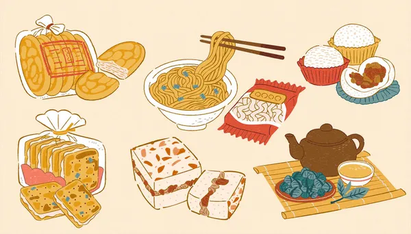 Дудл Иллюстрации Тайваньской Классической Кухни Закусок Включая Сладкую Выпечку Лапшу — стоковый вектор