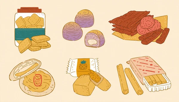 台湾著名的糕点 包括方块饼干 焦油糕点 干肉脆 日式蛋糕 菠萝蛋糕和华夫饼蛋卷等的温暖涂鸦图解 — 图库矢量图片