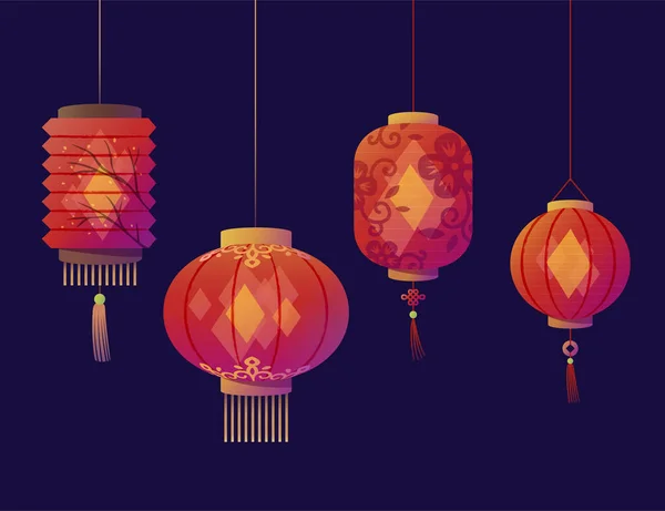 Schöne Laternen Kollektion Mit Muster Design Geeignet Für Chinesisches Neujahr — Stockvektor