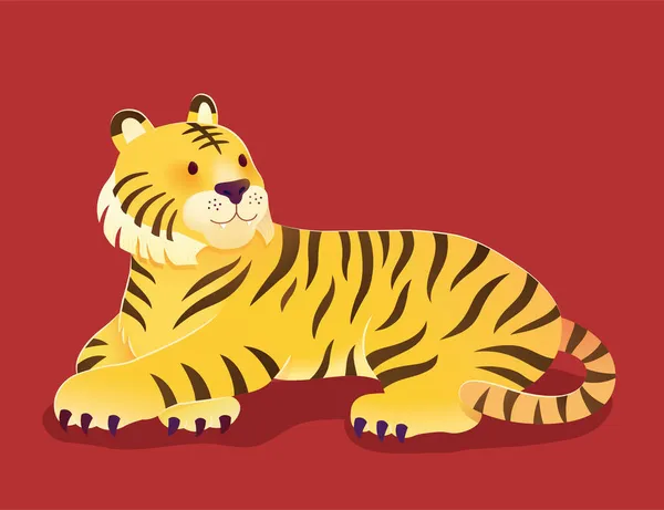 Lindo Tigre Ilustración Dibujos Animados Aislado Sobre Fondo Rojo — Vector de stock