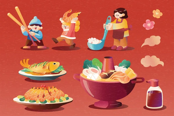Chinesisches Essen Und Asiatische Familiensammlung Einschließlich Fisch Shrimps Und Hotpot — Stockvektor