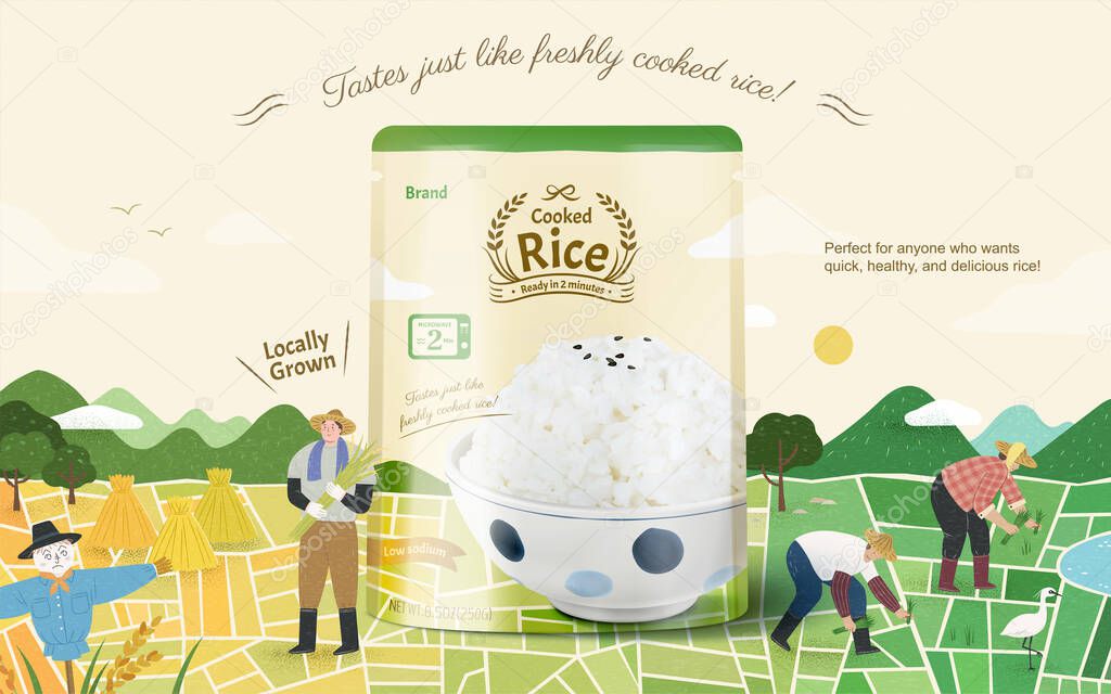 Cooked white rice ad template with hand drawn illustration of cute paddy field and Asian farmers. 3d microwavable plastic bag package. Concept of local growing crop and healthy diet.