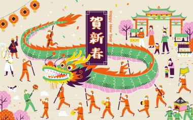 Pop Art Taiwanese tapınağı resmi. Sanatçılar tapınak kapısının önünde ejderha dansı yapıyorlar ve diğer insanlar sokak pazarından alışveriş yapıyorlar. Yeni Çin yılınız kutlu olsun.