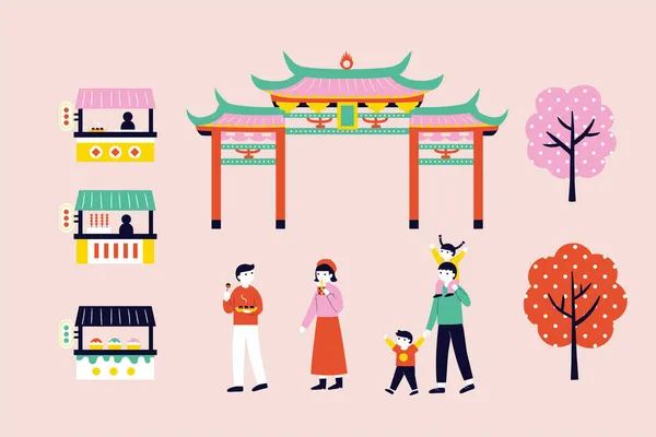 Pop Art Tajwański Kolekcja Elementów Rynku Tym Stragany Wejście Świątyni — Wektor stockowy