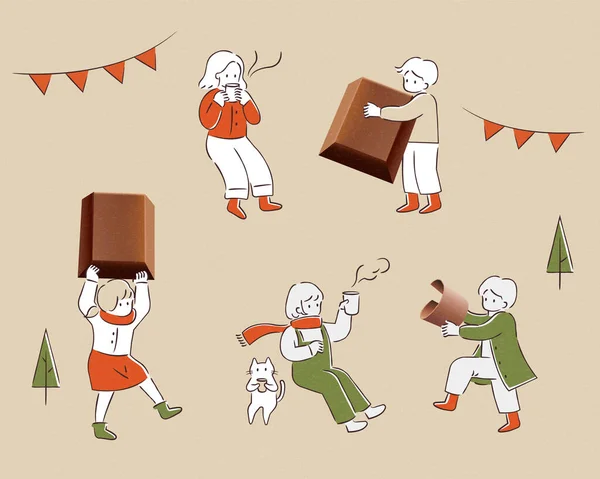 Illustration Dessinée Main Personnes Miniatures Tenues Hiver Appréciant Bloc Chocolat — Image vectorielle